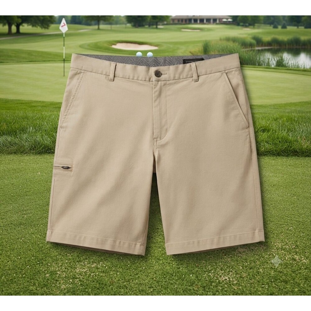 Greg Norman Men’s 40 Golf Shorts Khaki Beige Performance Tech Stretch Zip Pocket